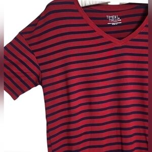 V-Neck Shirt Time And Tru Red & Navy Striped T-Shirt Top Size S EUC